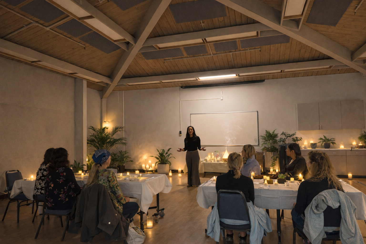 Marion leading an immersive RegulationLab experience in a transformed candlelit room